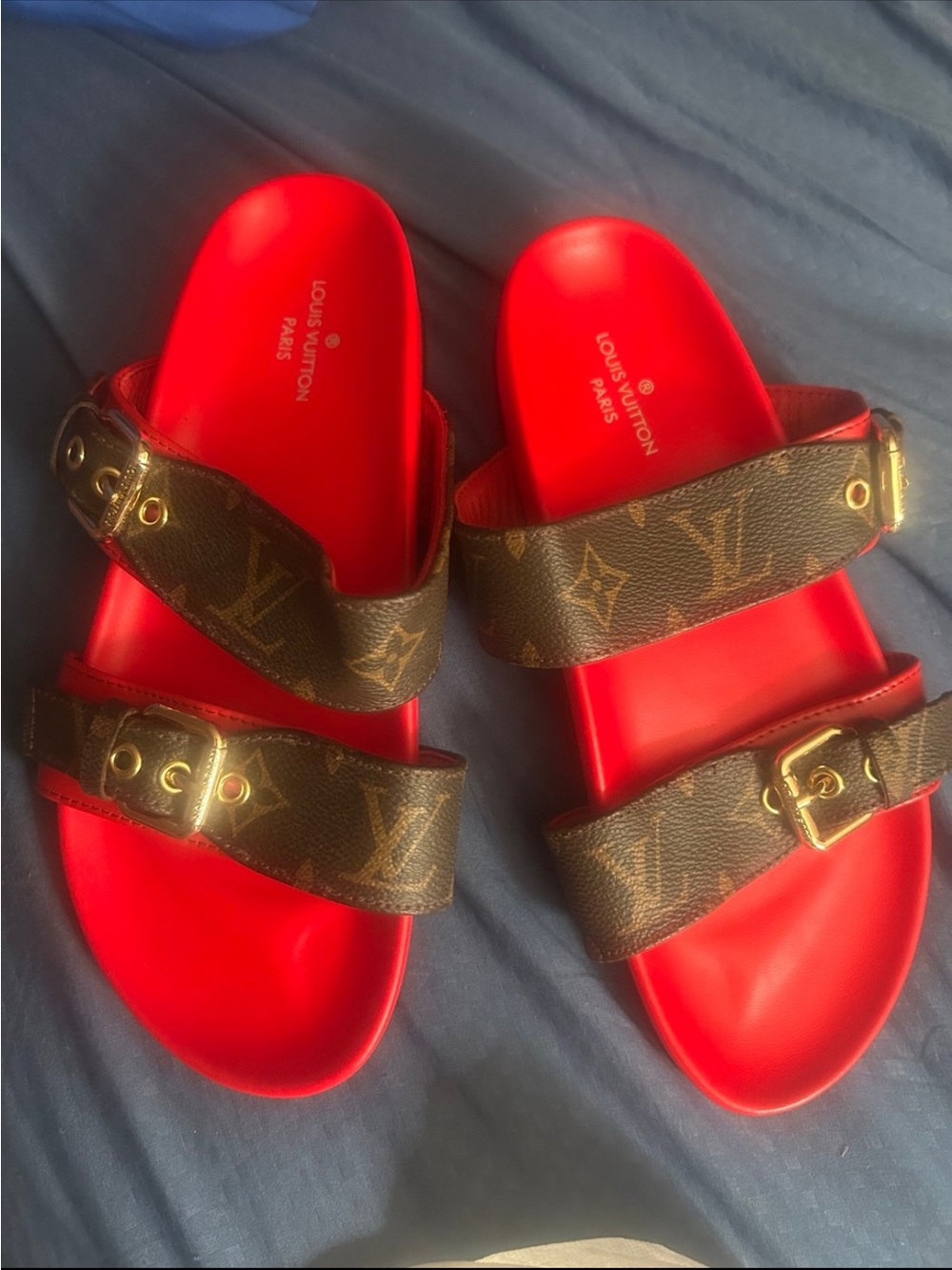 Louis Vuitton Kids Red Monogram Double-Strap Slide Sandals
